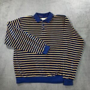 Mister Man Sweater Polo Mens Large Blue Yellow Striped Velour Vintage Preppy Mod